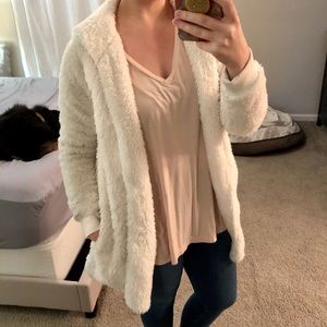 White Sherpa Furry Cardigan with Hood